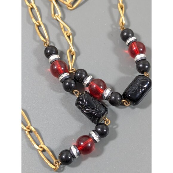 Cadoro Vintage Gold Tone Necklace Black Red Glass Lucite Long Opera Length 54" - Picture 8 of 9